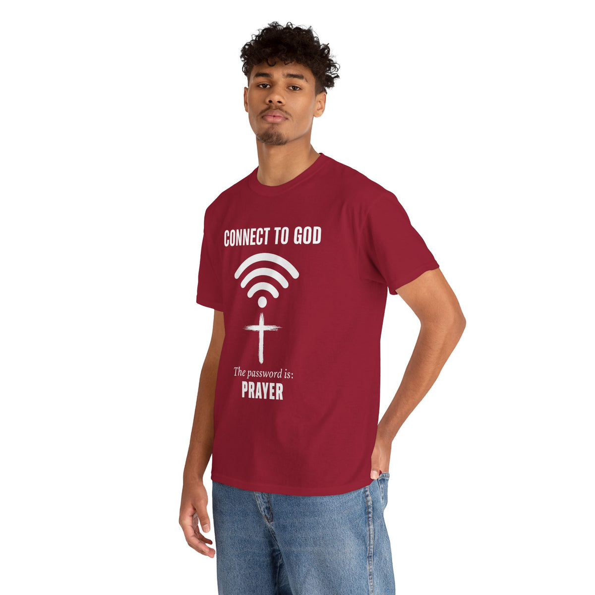 (UNISEX) Connect to God Prayer T-Shirt — Christian Faith Tee with Cross WiFi Design