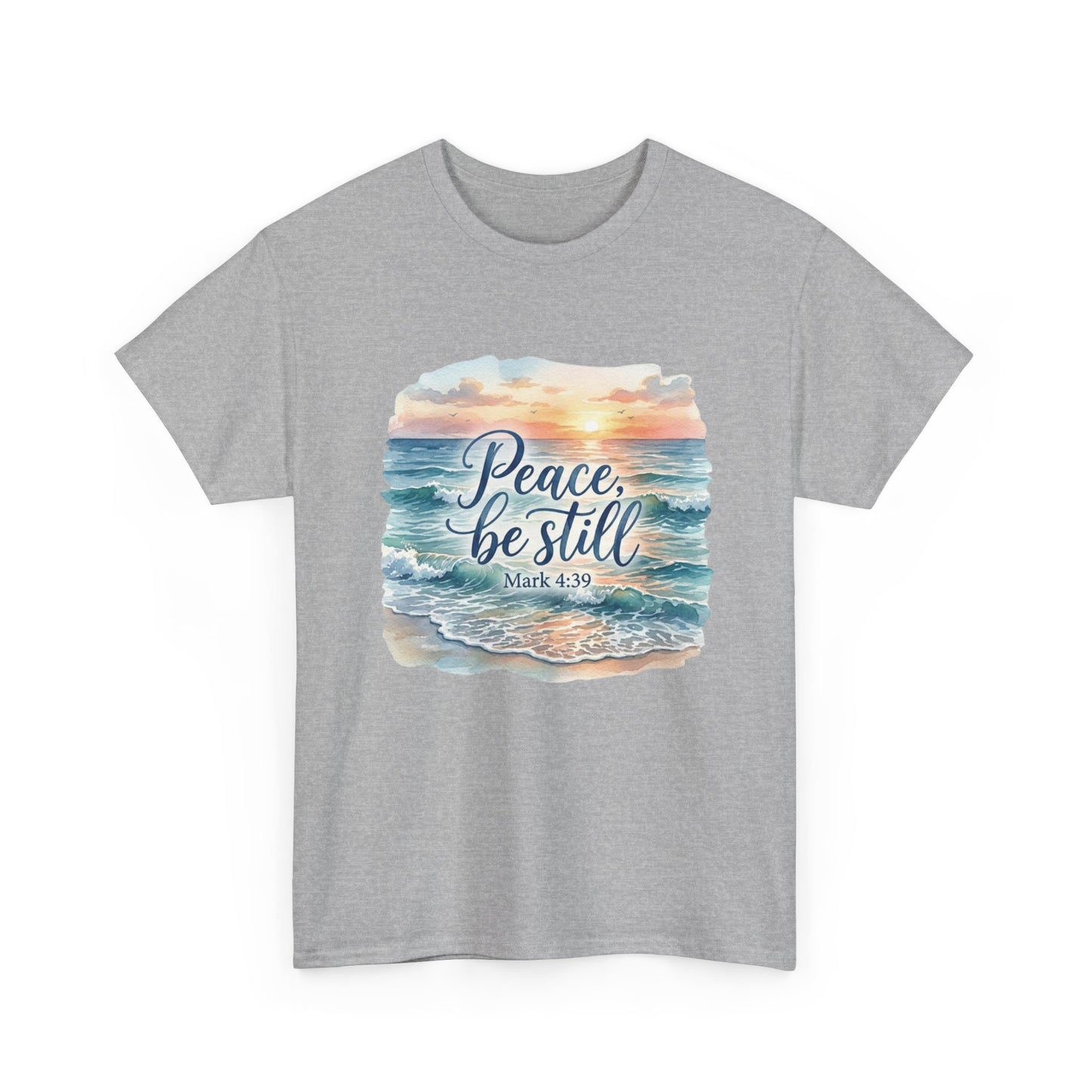 Peace Be Still T-Shirt — Beach Sunset Scripture Tee (Mark 4:39)