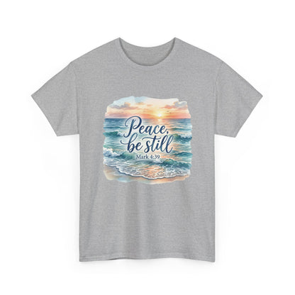 Peace Be Still T-Shirt — Beach Sunset Scripture Tee (Mark 4:39)