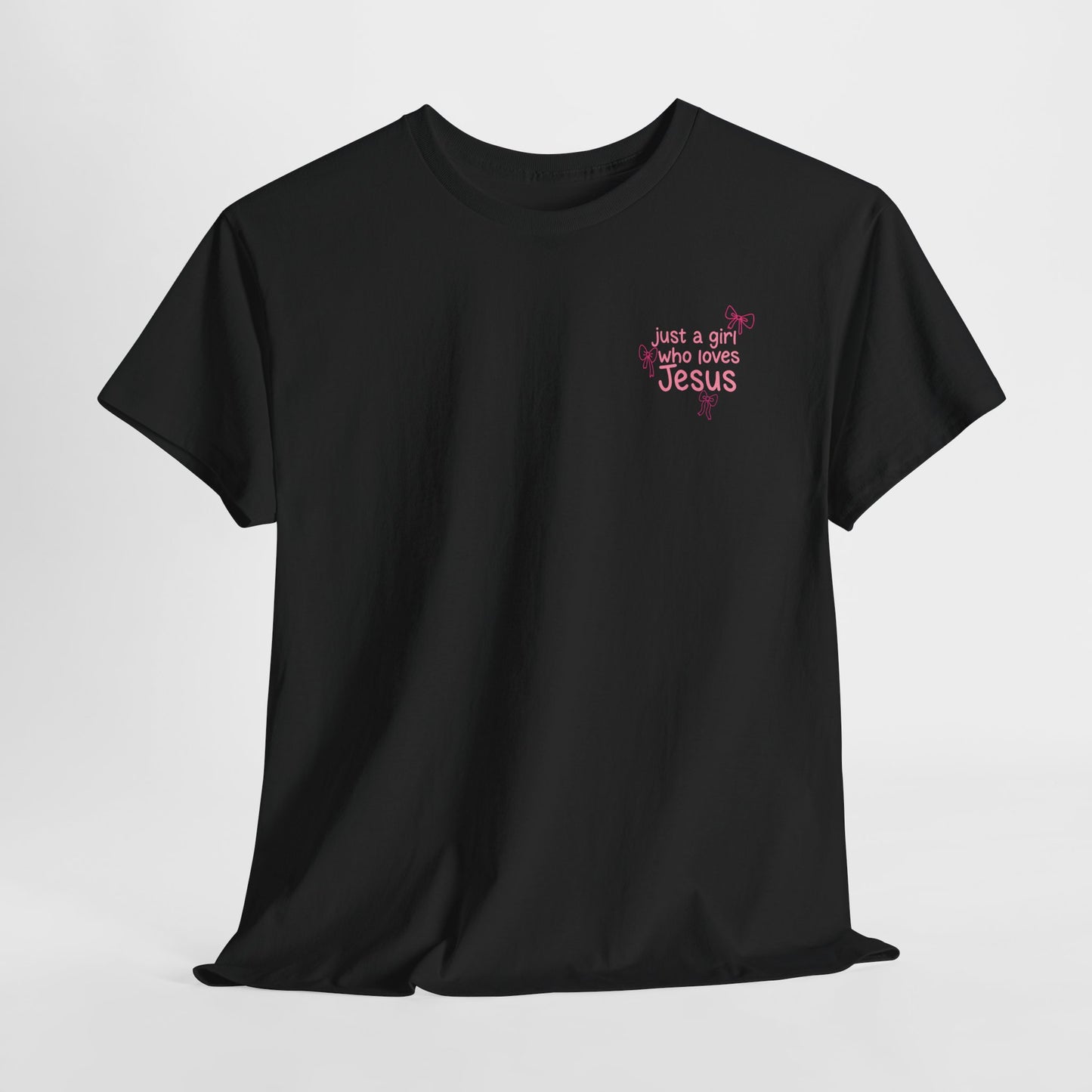 T-Shirt — "Just a Girl Who Loves Jesus" Pink Bow Christian Tee