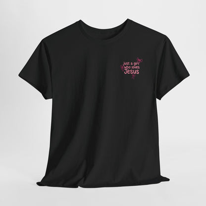 T-Shirt — "Just a Girl Who Loves Jesus" Pink Bow Christian Tee