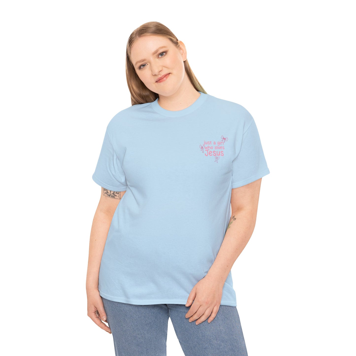 T-Shirt — "Just a Girl Who Loves Jesus" Pink Bow Christian Tee