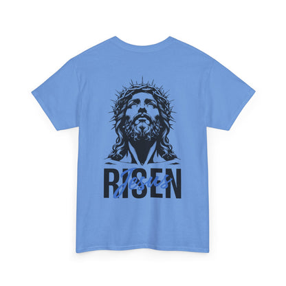 BLUE Risen Jesus Tee — Christian Easter Shirt with Crown of Thorns Design