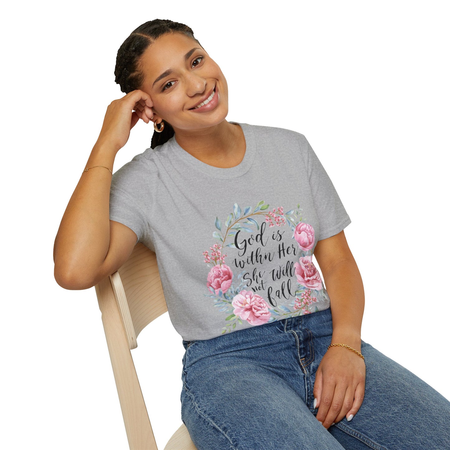 Floral Faith T-Shirt — "God Is Within Her She Will Not Fall" Inspirational Christian Tee