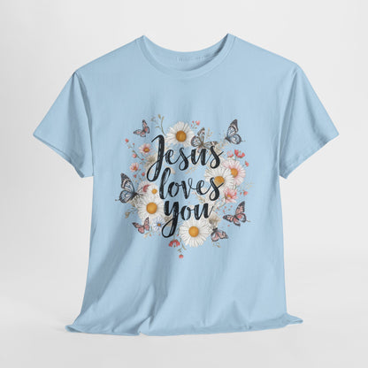Christian T-Shirt — “Jesus Loves You” Floral Butterfly Tee