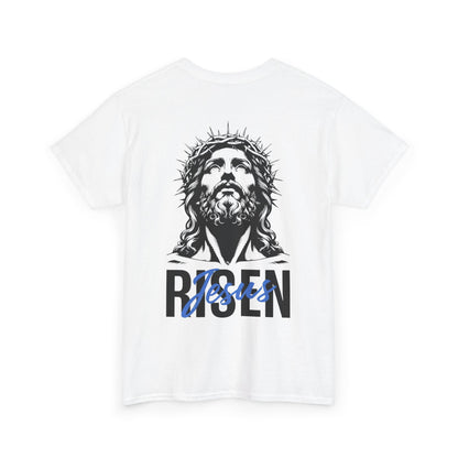 BLUE Risen Jesus Tee — Christian Easter Shirt with Crown of Thorns Design