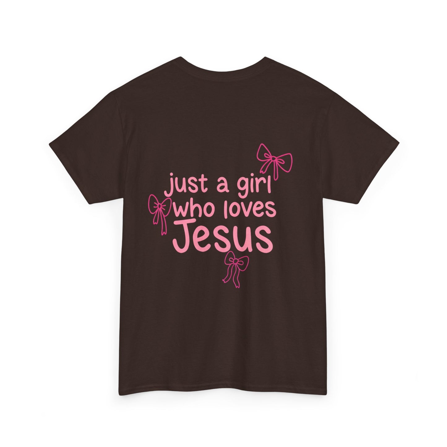 T-Shirt — "Just a Girl Who Loves Jesus" Pink Bow Christian Tee