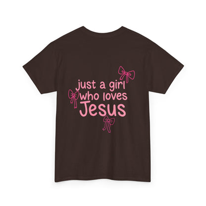 T-Shirt — "Just a Girl Who Loves Jesus" Pink Bow Christian Tee