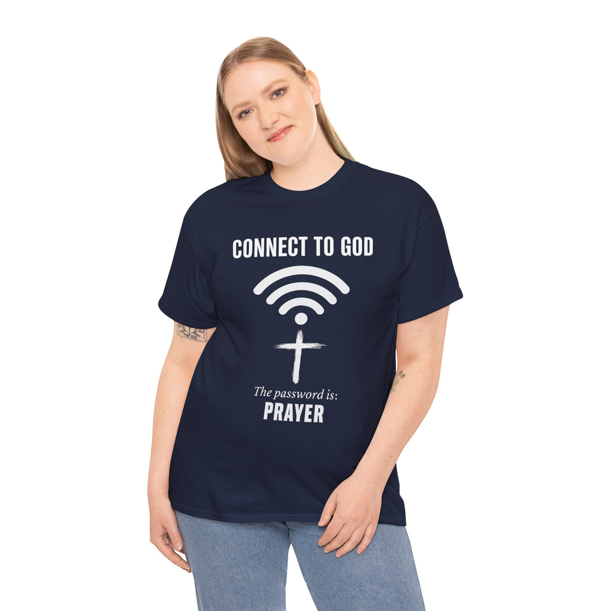 (UNISEX) Connect to God Prayer T-Shirt — Christian Faith Tee with Cross WiFi Design