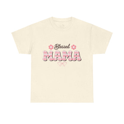 Blessed Mama Tee — Pink Plaid Mom Shirt
