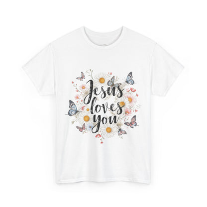 Christian T-Shirt — “Jesus Loves You” Floral Butterfly Tee