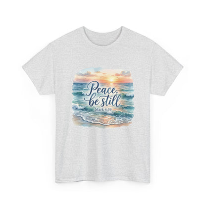 Peace Be Still T-Shirt — Beach Sunset Scripture Tee (Mark 4:39)