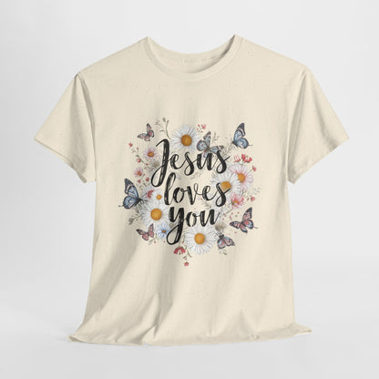 Christian T-Shirt — “Jesus Loves You” Floral Butterfly Tee