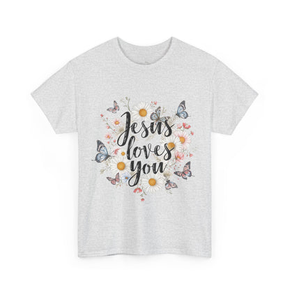Christian T-Shirt — “Jesus Loves You” Floral Butterfly Tee