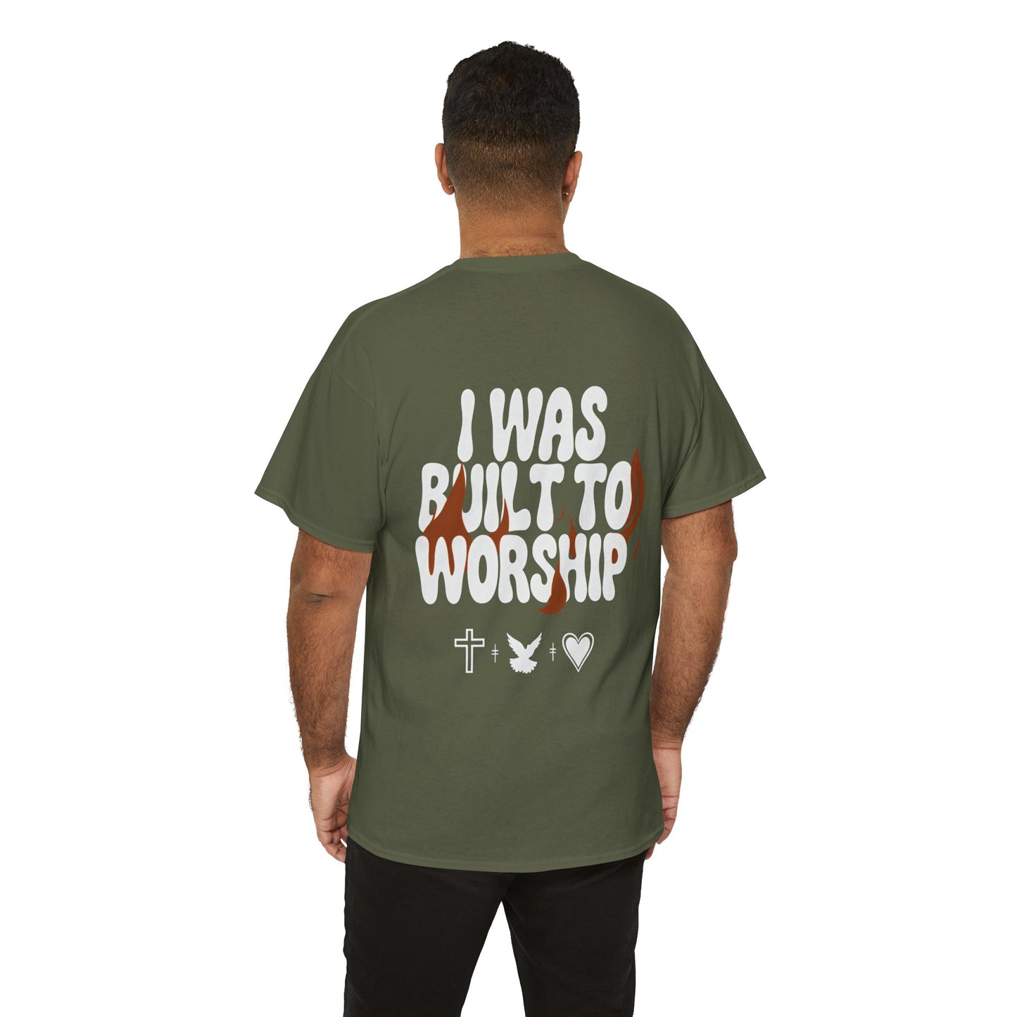 Worship Tee — "I Was Built to Worship" Christian Cross + Dove + Heart T‑Shirt