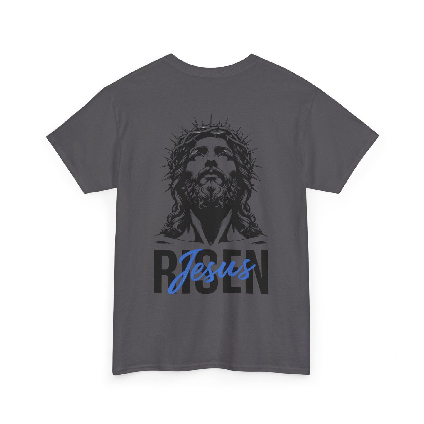 BLUE Risen Jesus Tee — Christian Easter Shirt with Crown of Thorns Design
