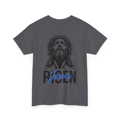 BLUE Risen Jesus Tee — Christian Easter Shirt with Crown of Thorns Design