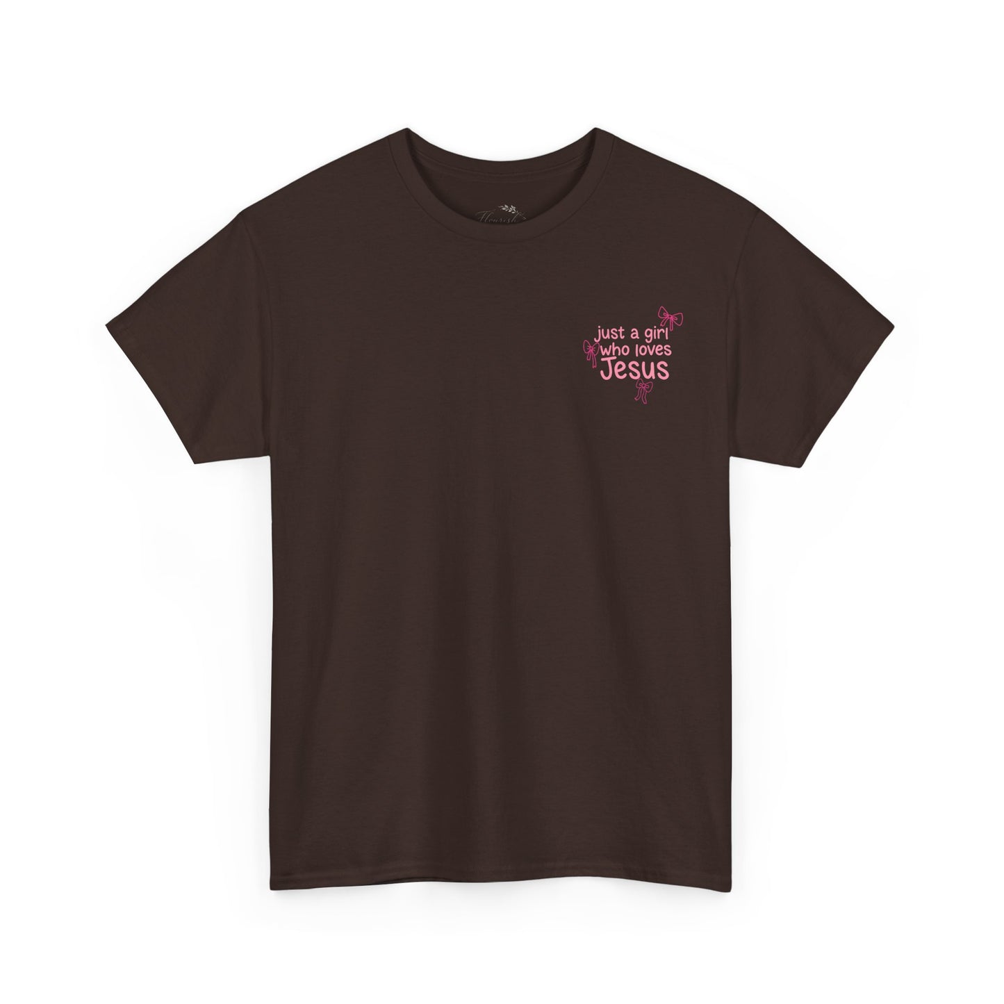 T-Shirt — "Just a Girl Who Loves Jesus" Pink Bow Christian Tee