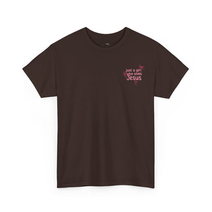T-Shirt — "Just a Girl Who Loves Jesus" Pink Bow Christian Tee