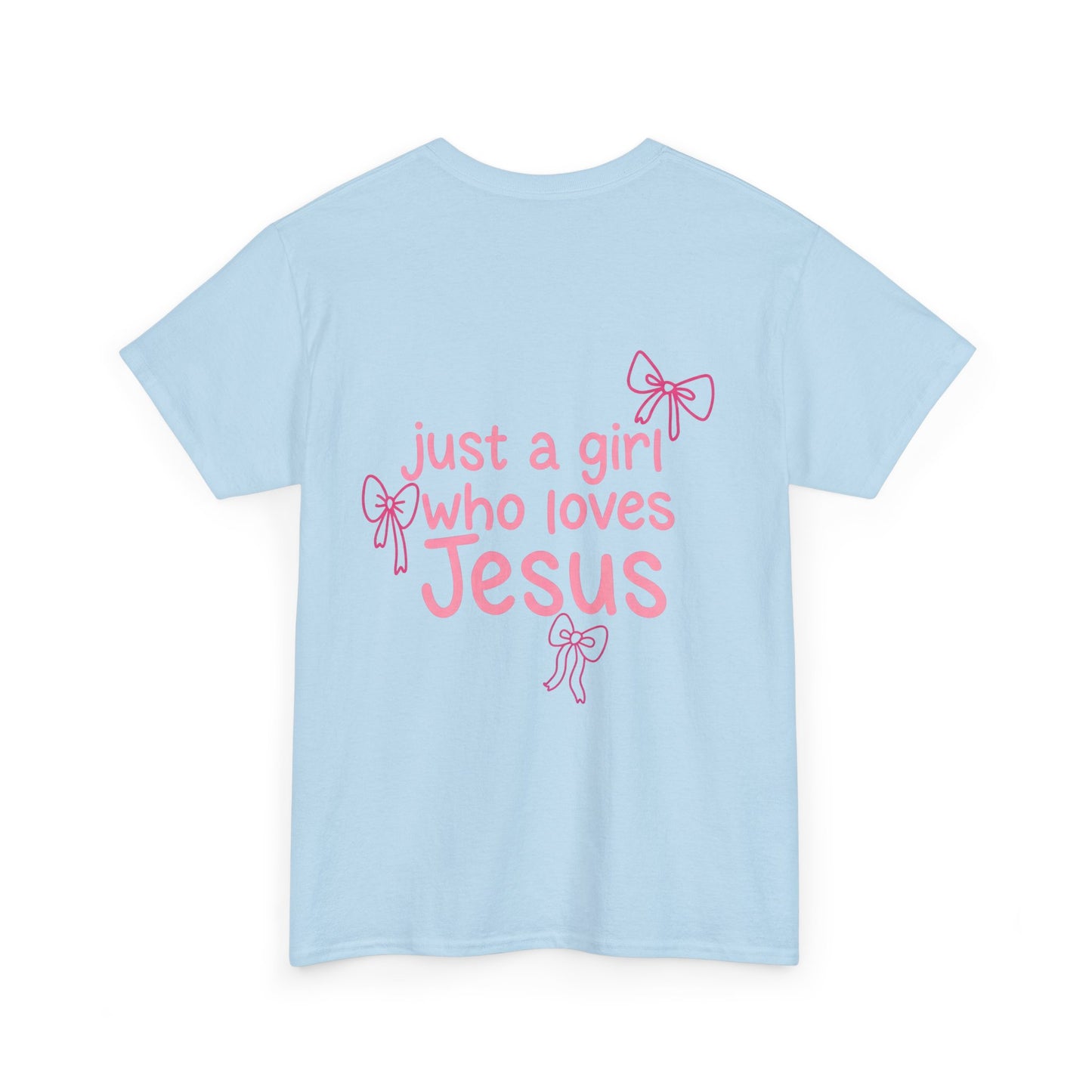 T-Shirt — "Just a Girl Who Loves Jesus" Pink Bow Christian Tee