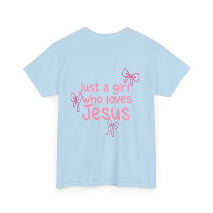 T-Shirt — "Just a Girl Who Loves Jesus" Pink Bow Christian Tee