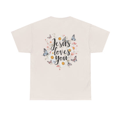 Christian T-Shirt — “Jesus Loves You” Floral Butterfly Tee