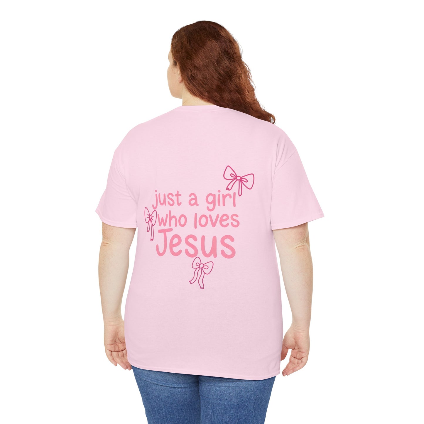 T-Shirt — "Just a Girl Who Loves Jesus" Pink Bow Christian Tee