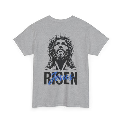 BLUE Risen Jesus Tee — Christian Easter Shirt with Crown of Thorns Design