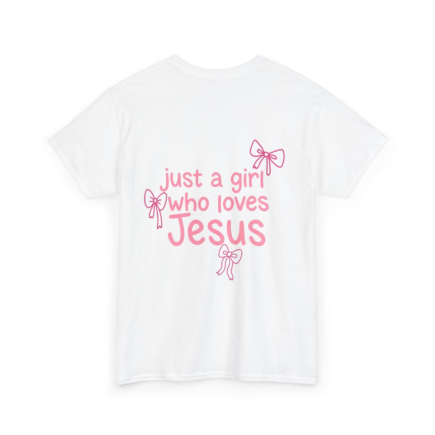 T-Shirt — "Just a Girl Who Loves Jesus" Pink Bow Christian Tee