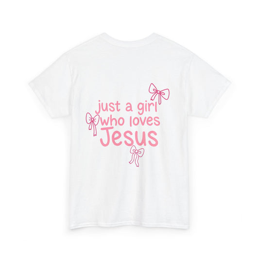 T-Shirt — "Just a Girl Who Loves Jesus" Pink Bow Christian Tee