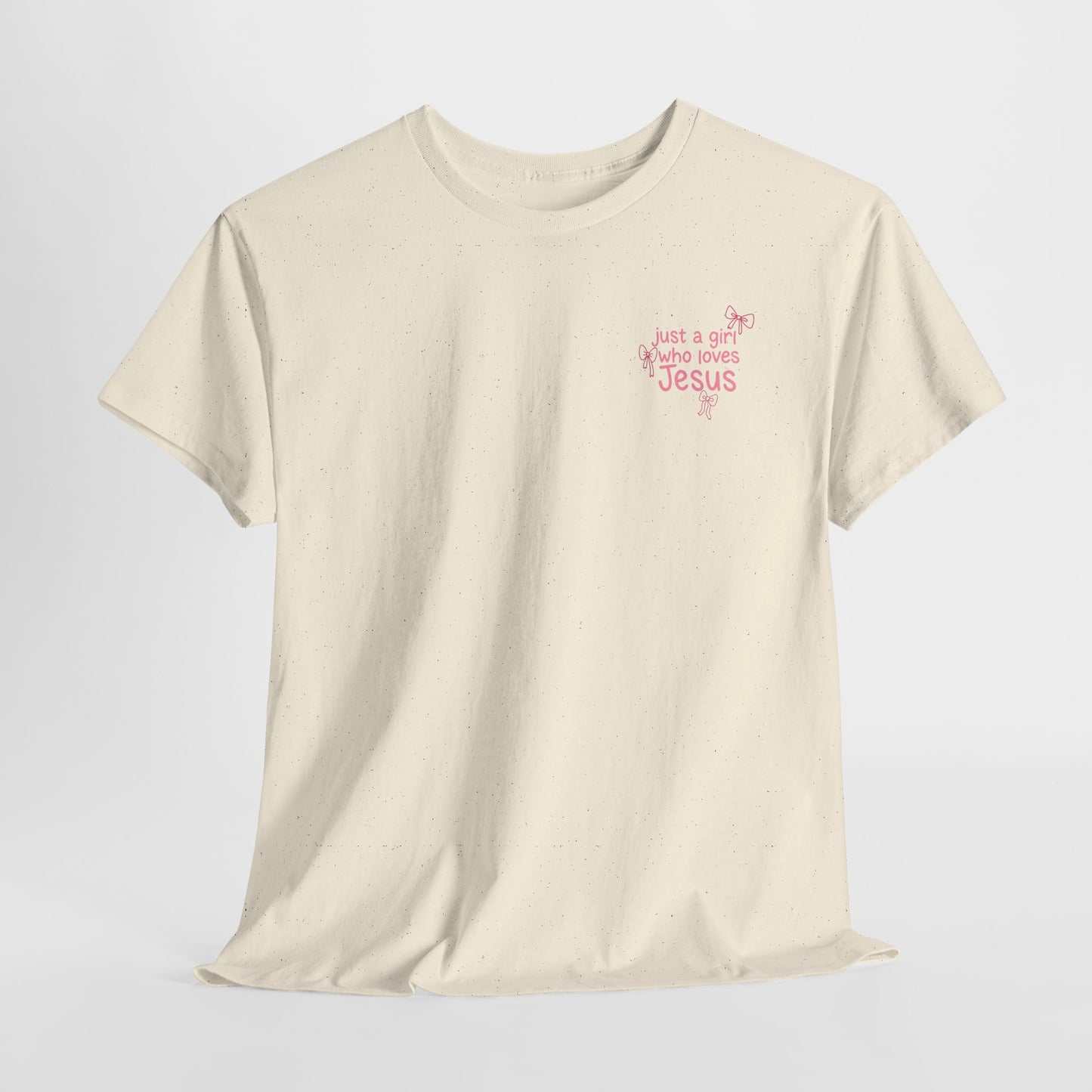 T-Shirt — "Just a Girl Who Loves Jesus" Pink Bow Christian Tee