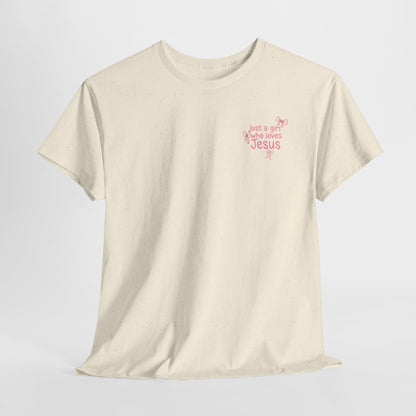 T-Shirt — "Just a Girl Who Loves Jesus" Pink Bow Christian Tee