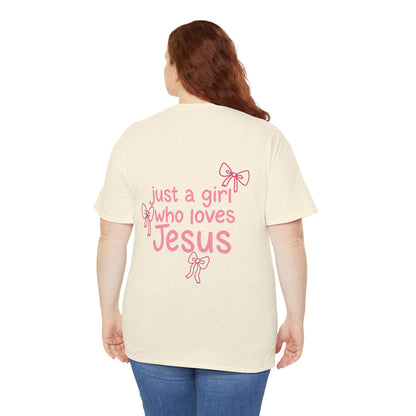 T-Shirt — "Just a Girl Who Loves Jesus" Pink Bow Christian Tee