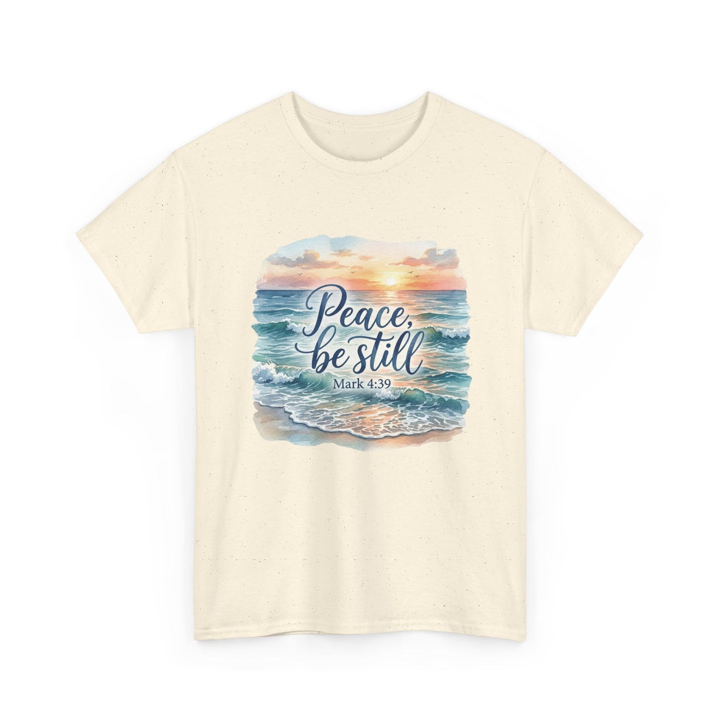 Peace Be Still T-Shirt — Beach Sunset Scripture Tee (Mark 4:39)
