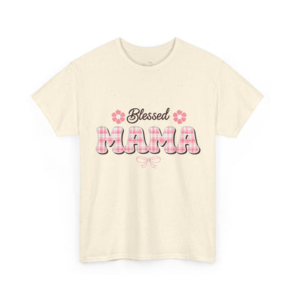 Blessed Mama Tee — Pink Plaid Mom Shirt