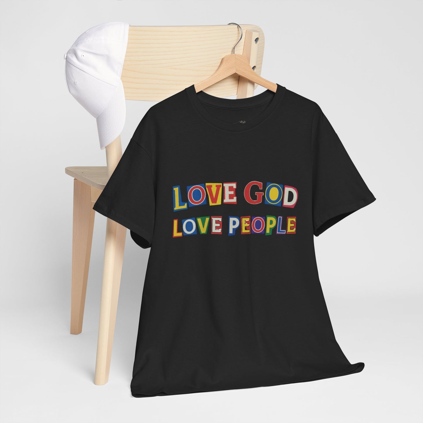 Love God Love People T-Shirt — Colorful Ransom Letters Faith Tee