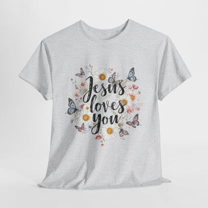 Christian T-Shirt — “Jesus Loves You” Floral Butterfly Tee