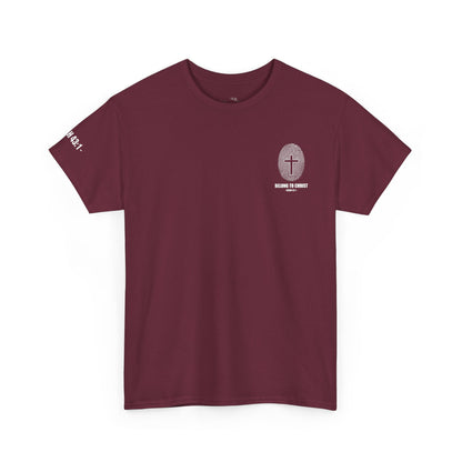 Belong to Christ T-Shirt — Christian Cross Fingerprint Tee (Isaiah 43:1)