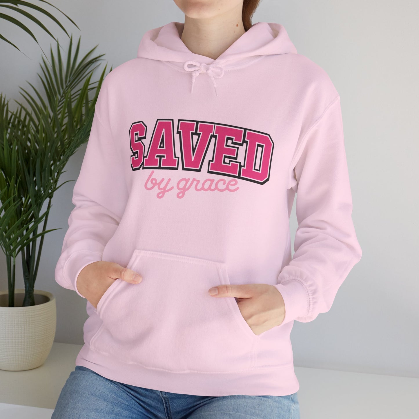 Saved by Grace Hoodie — Christian Faith Pullover in Pink Collegiate Script