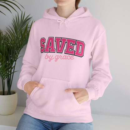 Saved by Grace Hoodie — Christian Faith Pullover in Pink Collegiate Script