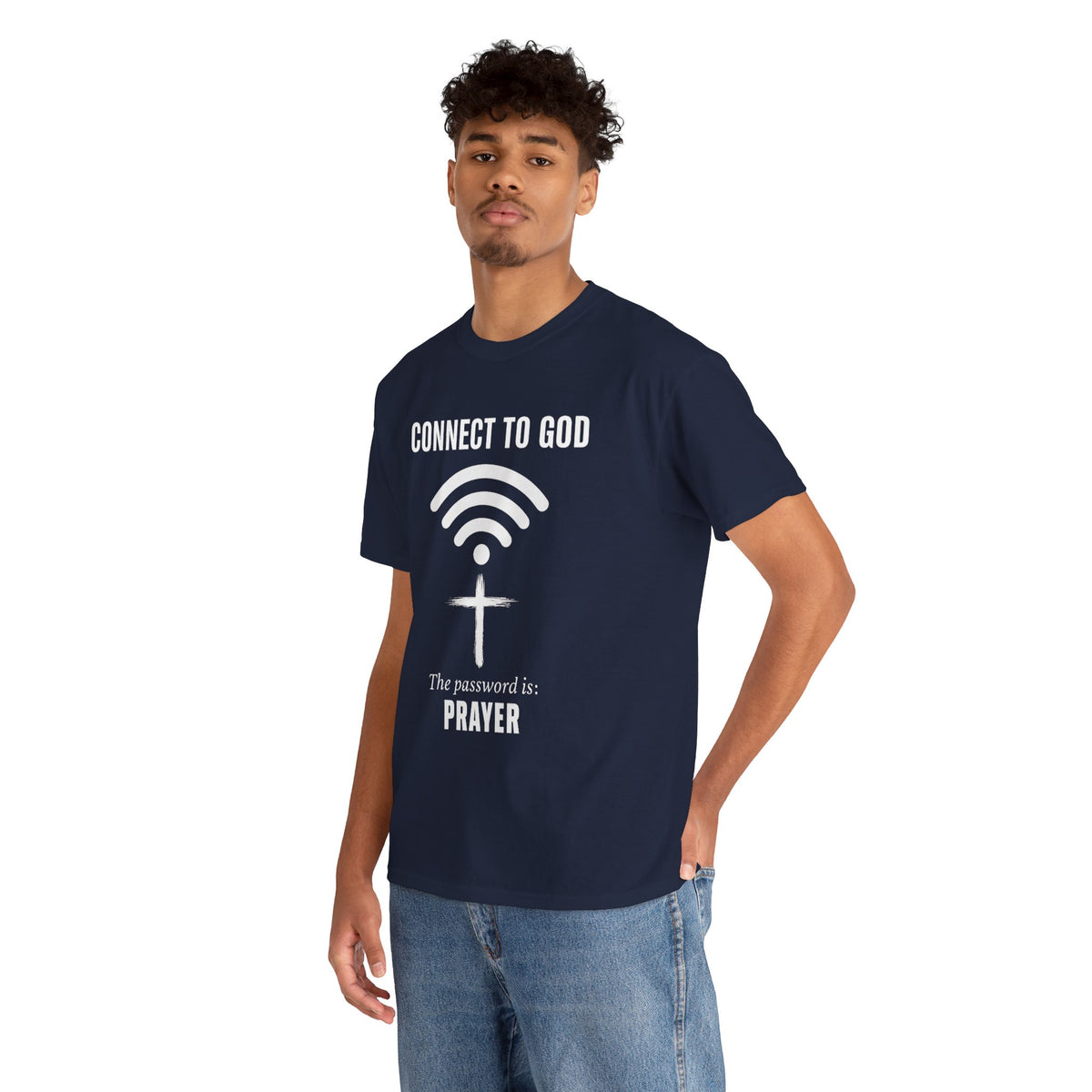 (UNISEX) Connect to God Prayer T-Shirt — Christian Faith Tee with Cross WiFi Design