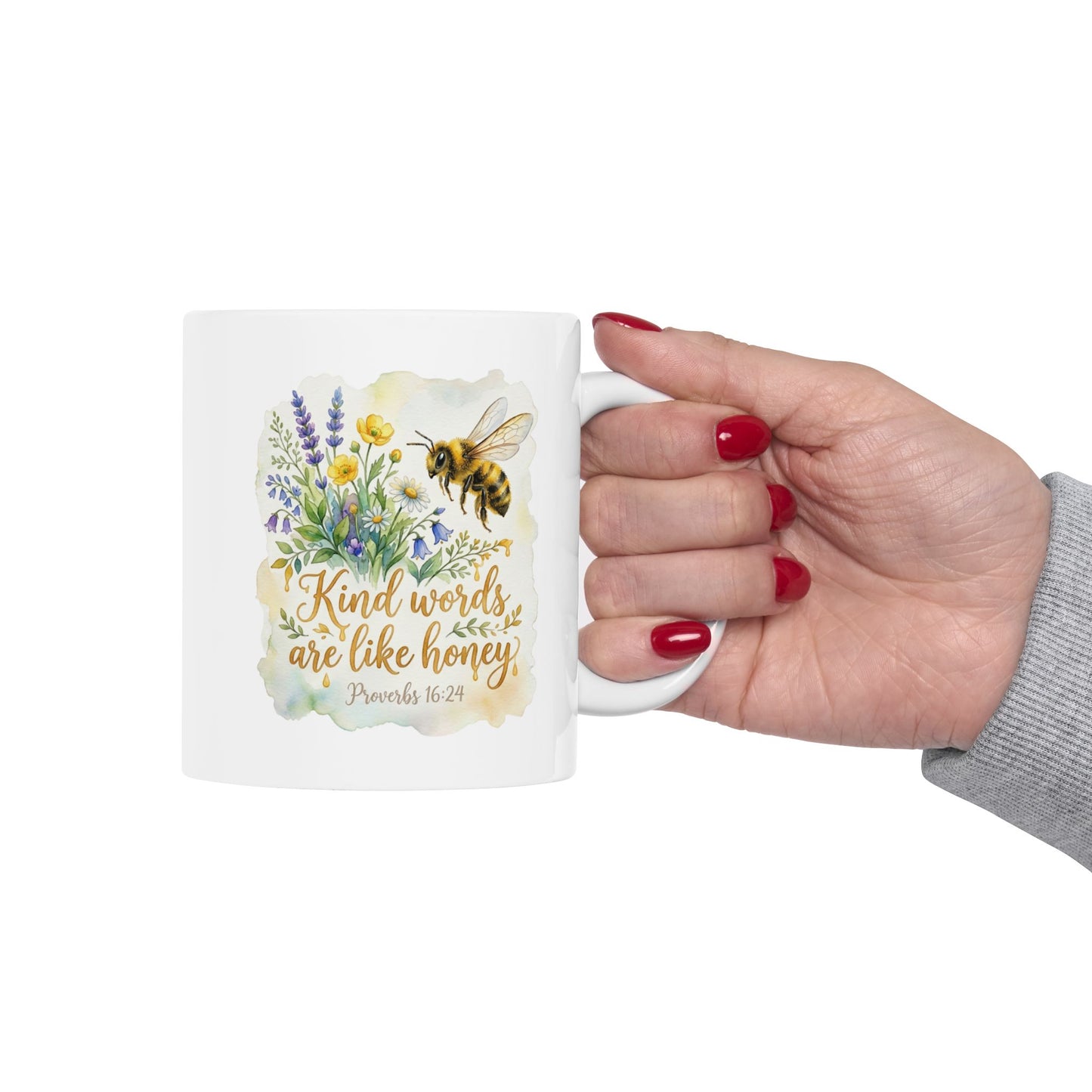 Ceramic Mug — Floral Bee Design "Kind Words Are Like Honey" (11oz & 15oz)
