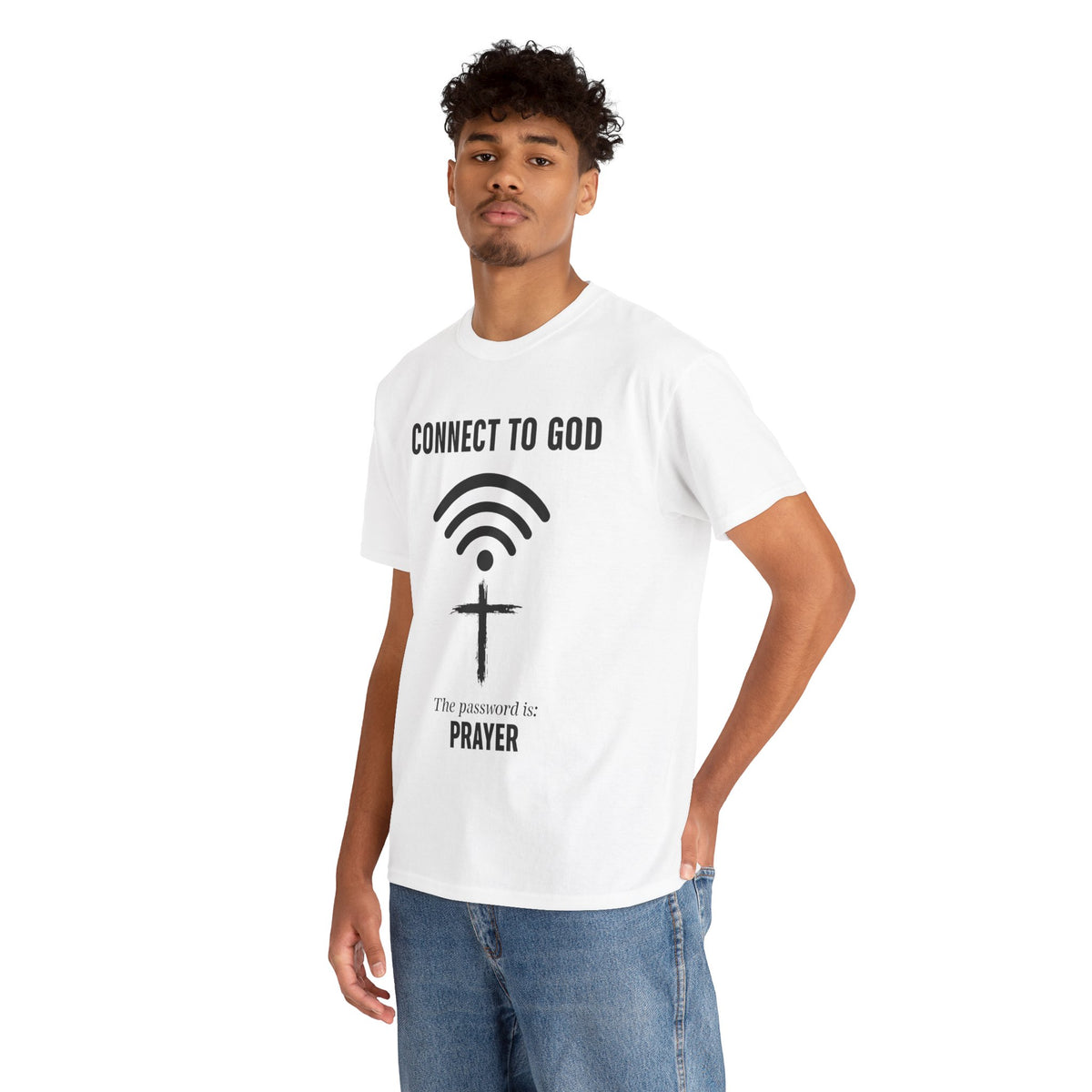 (UNISEX) Connect to God Prayer T-Shirt — Christian Faith Tee with Cross WiFi Design