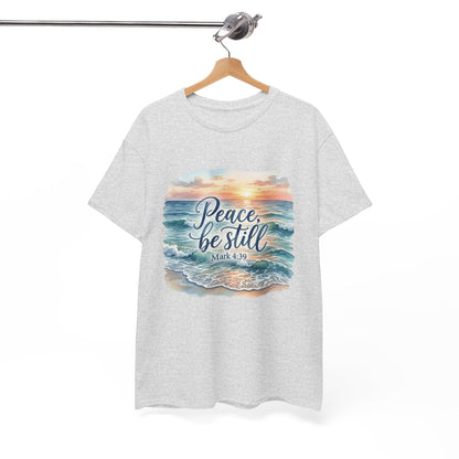 Peace Be Still T-Shirt — Beach Sunset Scripture Tee (Mark 4:39)