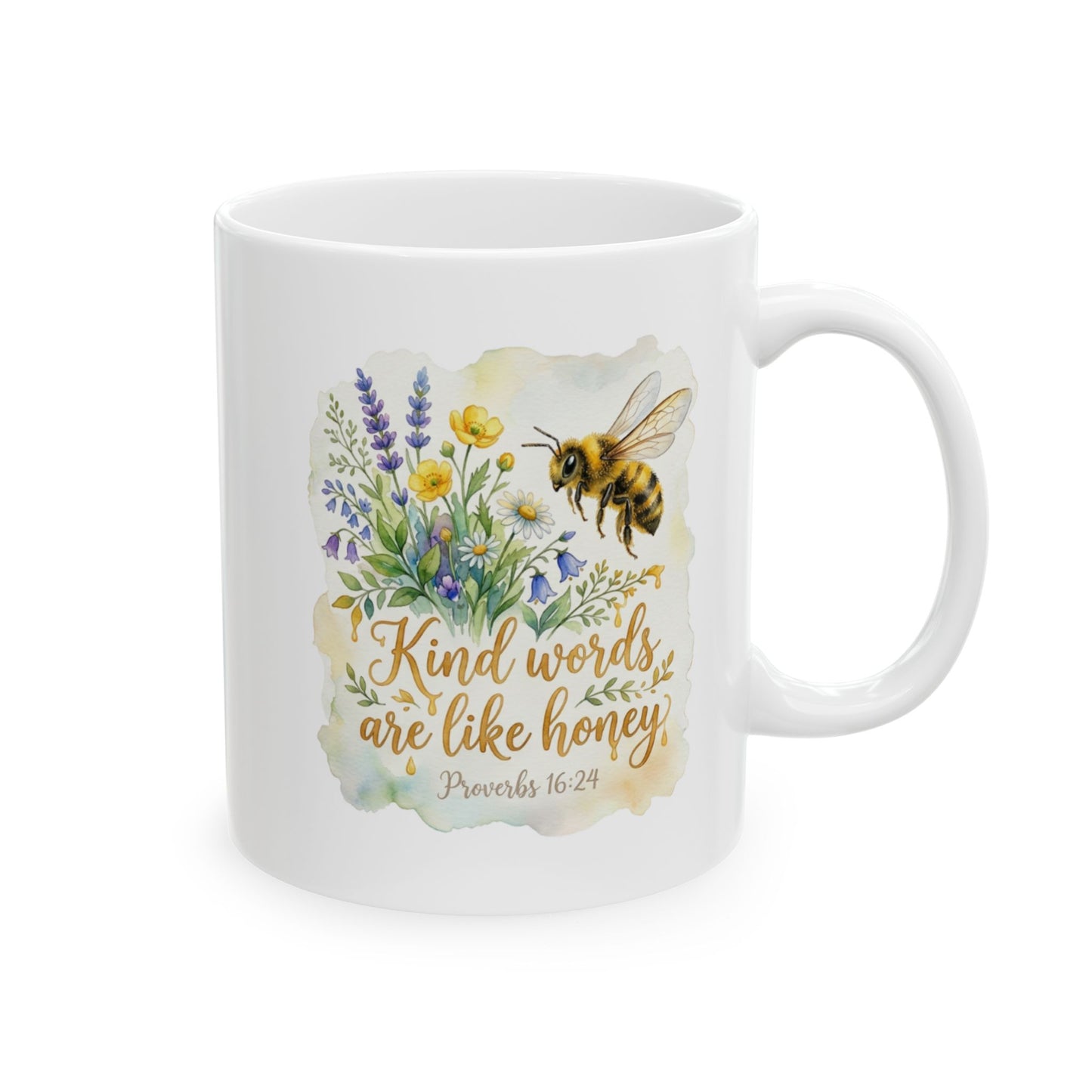 Ceramic Mug — Floral Bee Design "Kind Words Are Like Honey" (11oz & 15oz)