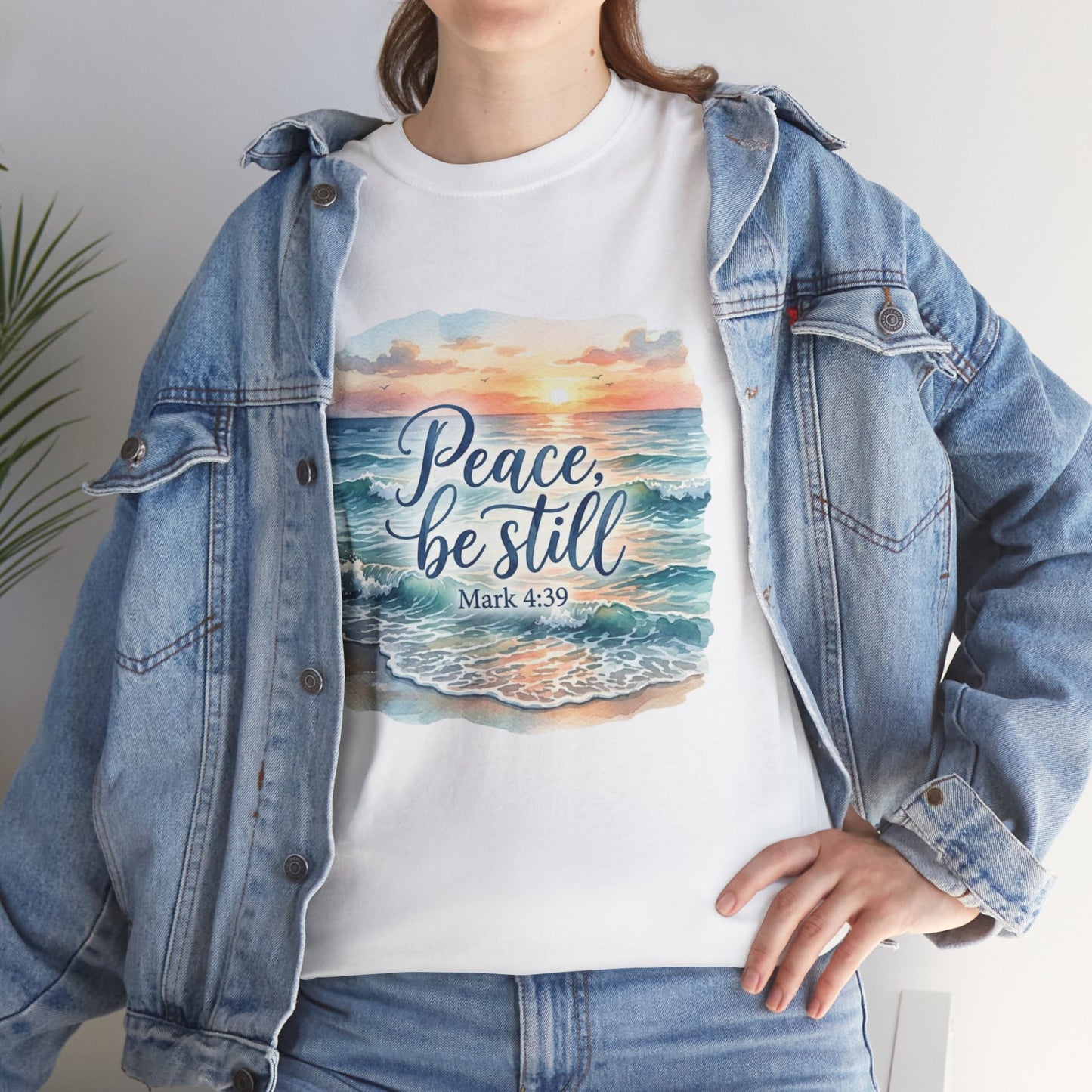 Peace Be Still T-Shirt — Beach Sunset Scripture Tee (Mark 4:39)