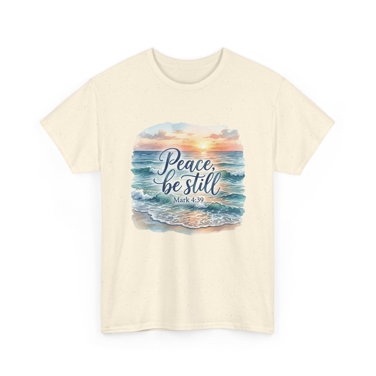 Peace Be Still T-Shirt — Beach Sunset Scripture Tee (Mark 4:39)