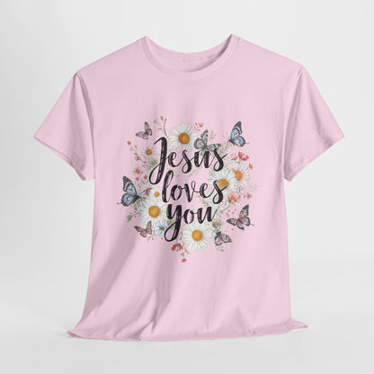 Christian T-Shirt — “Jesus Loves You” Floral Butterfly Tee