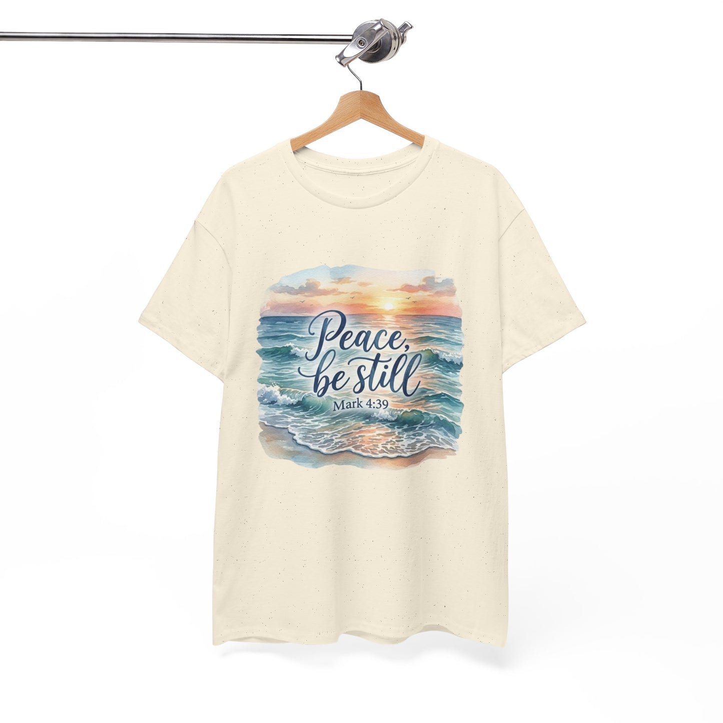 Peace Be Still T-Shirt — Beach Sunset Scripture Tee (Mark 4:39)