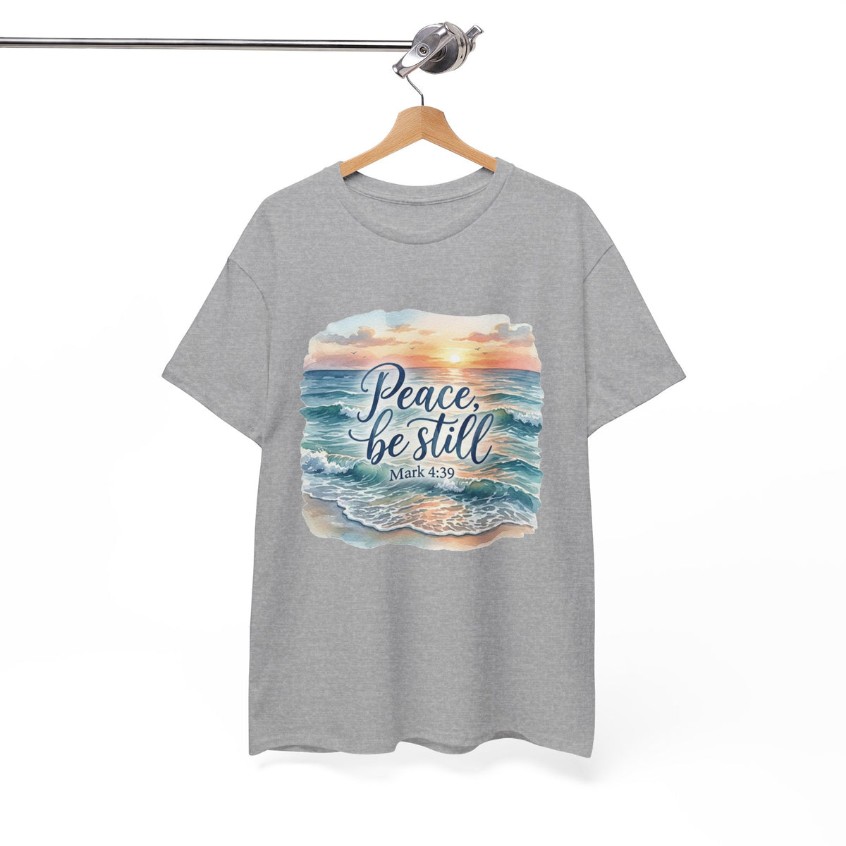 Peace Be Still T-Shirt — Beach Sunset Scripture Tee (Mark 4:39)